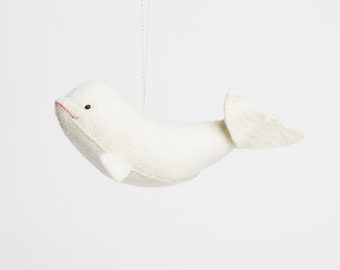 North Pole Beluga, Hand Felted Whale Animal Ornament, Handmade Ocean Charm