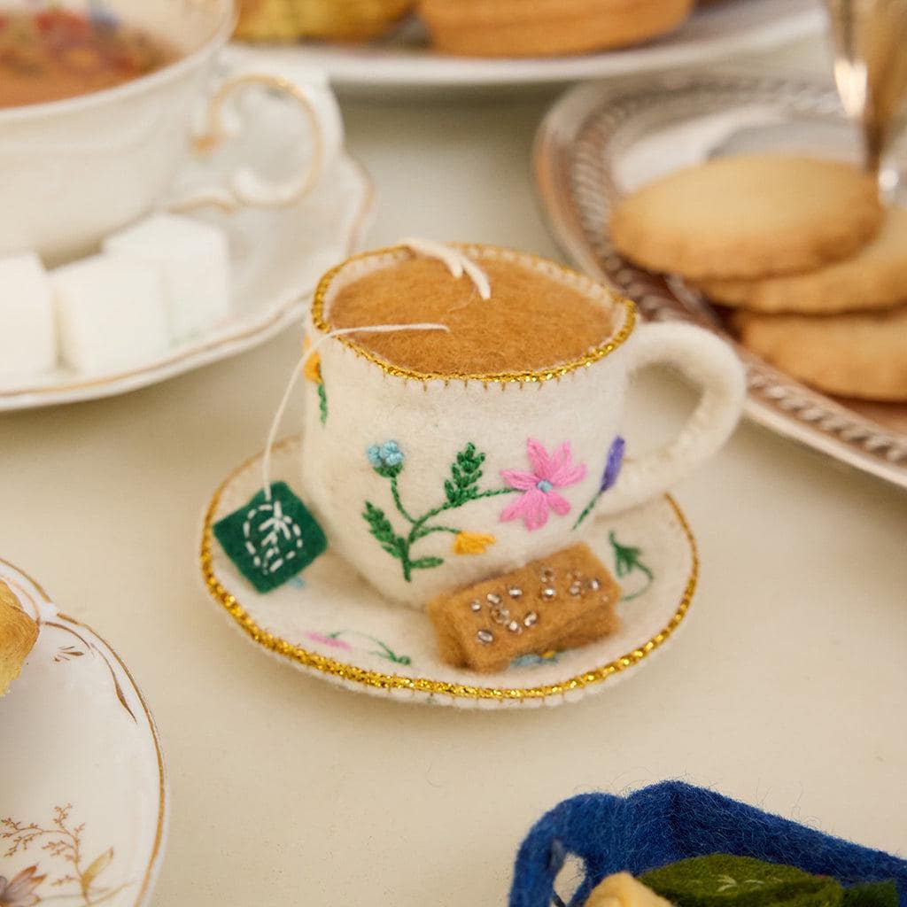 Teacup & Saucer Ornament, Handmade Embroidered Keepsake, Tea Lover Decor Gift, Cozy Cottagecore Holiday Tree Decoration
