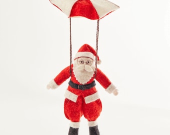 Parachute Santa Ornament, Hand Felted Adventurous Saint Nicholas Charm, Handmade Festive Christmas Decor