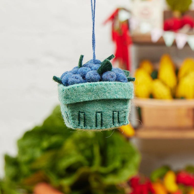 Blueberry Pint Ornament, Handmade Felt Keepsake, Farmers Market Decor, Whimsical Summer Fruit Gift for Garden & Kitchen Lovers image 7