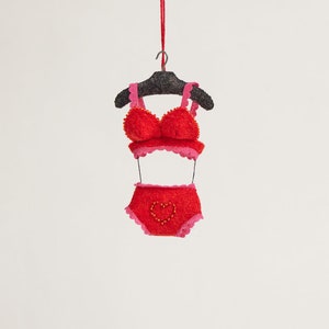 Red Heart Lingerie Set Ornament, Hand Felted Underwear Set, Handmade Valentine's Day Charm image 2