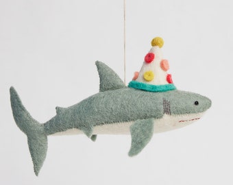 Birthday Party Vegan Great White Shark, Hand Felted Ocean Animal Ornament, Handmade Festive Charm