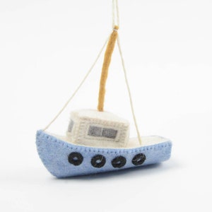 Daily Catch Fishing Boat, Hand Felted Trawler Ornament, Handmade Ocean Life Charm image 3