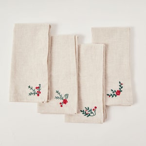 Holiday Blooms Napkin Set, Linen Table Napkins, Hand Embroidered Christmas Table Decor image 1