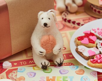 Love Polar Bear Ornament, Hand Felted Arctic Animal Charm, Handmade Valentine's Day Decor