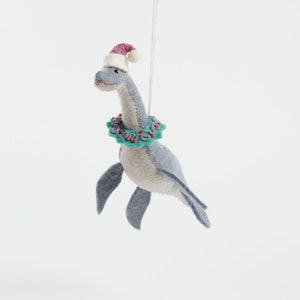 SEAson's Greetings Plesiosaur Ornament, Hand Felted Holiday Dinosaur, Handmade Christmas Charm