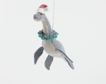 SEAson's Greetings Plesiosaur Ornament, Hand Felted Holiday Dinosaur, Handmade Christmas Charm