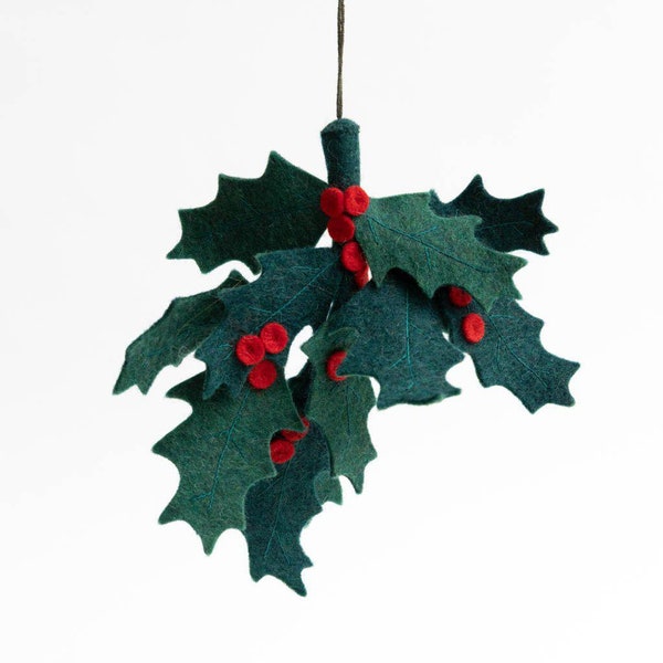 Large Festive Holly, Hand Felted Holiday Plant Ornament, Handmade Christmas Decor