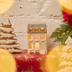 Winter Townhouse Ceramic Tea-Light Holder, Handcrafted Brownstone Stoneware Pottery, Handmade Holiday Decor