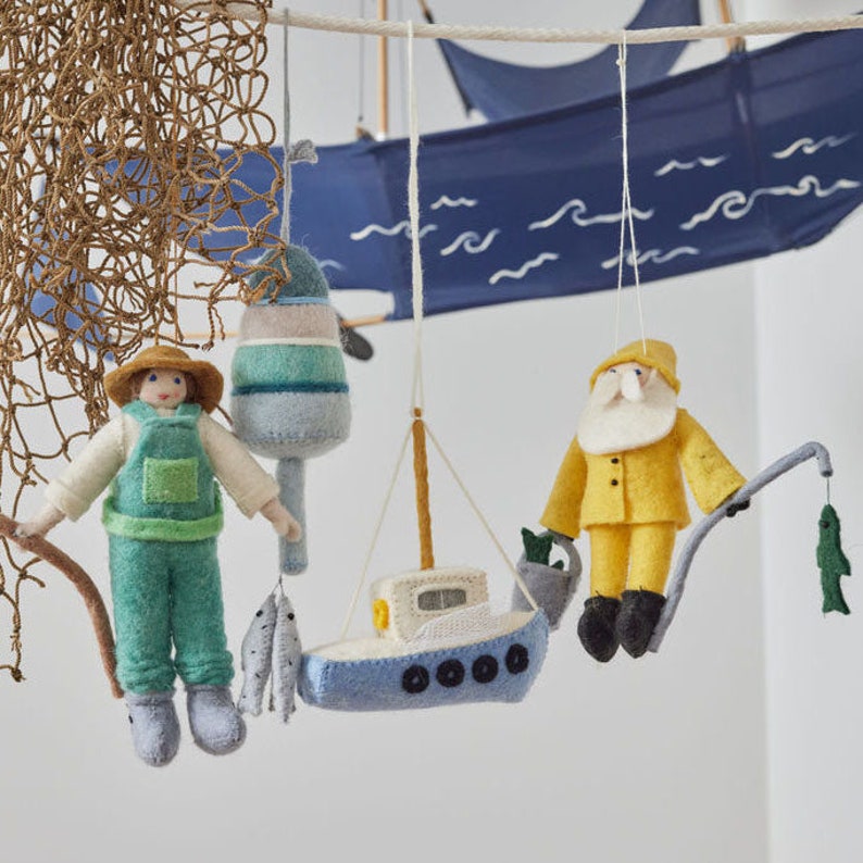 Daily Catch Fishing Boat, Hand Felted Trawler Ornament, Handmade Ocean Life Charm image 2