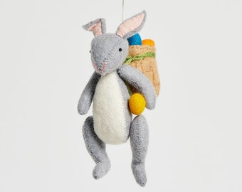 Vintage Easter Egg Bunny with Basket Ornament, Hand Felted Gray Rabbit Charm, Handmade Spring Decor