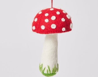 Tall Mushroom Ornament, Hand Felted Red Toadstool Ornament, Handmade Enchanted Forest Charm