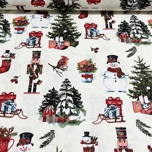 Tela con estampado navideño de Cascanueces y Muñeco de Nieve (cortada a medida)