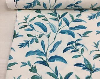Blue Botanical Fabric by the Yard, Elegant Leaf Print Home Decor Textile, 57 Inch Wide