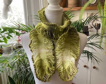 Crochet Long Green Shades Fringed  All Seasons  Everyday Neck Wrap - Green Colors Hand Knit - Boho Avantgarde Necklace - Gift for Her