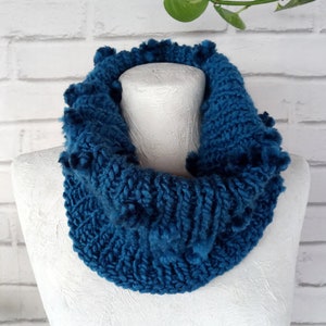 Boho Hand Knitted Tubular Warmer Wrap Scarf Blue Knit Collar Chunky Infinity Loop Scarf with Pompoms Gift for Her & Him Ready to Ship image 3