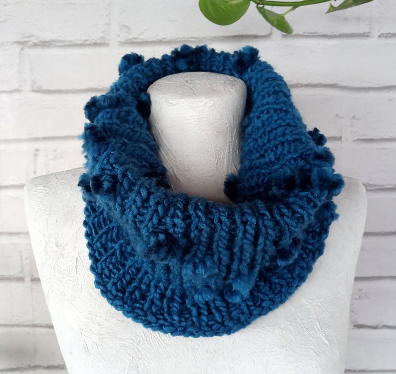 Boho Hand Knitted Tubular Warmer Wrap Scarf Blue Knit Collar Chunky Infinity Loop Scarf with Pompoms Gift for Her & Him Ready to Ship image 3