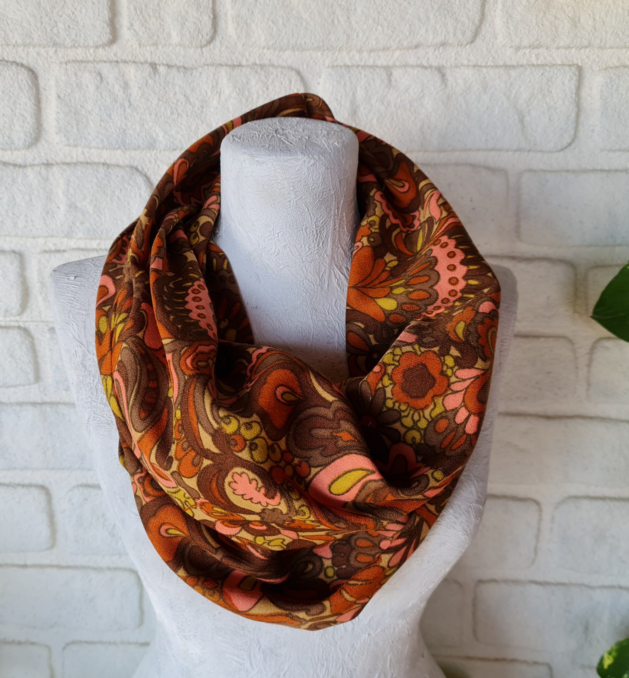 gift for her,Spring,Summer,Fall Accessories Brown pink flower retro pattern vintage fabric neck and head wrap shawl