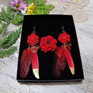 Red crochet earrings and ring gift set/hand crochet accessories set/Boho jewelry/Gift for Her/Christmas gift