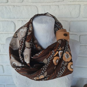 Vintage fabric silky brown-beige retro infinity shawl with tan faux leather strap/soft voile shawls for her/Spring,Summer,Fall accessories image 2