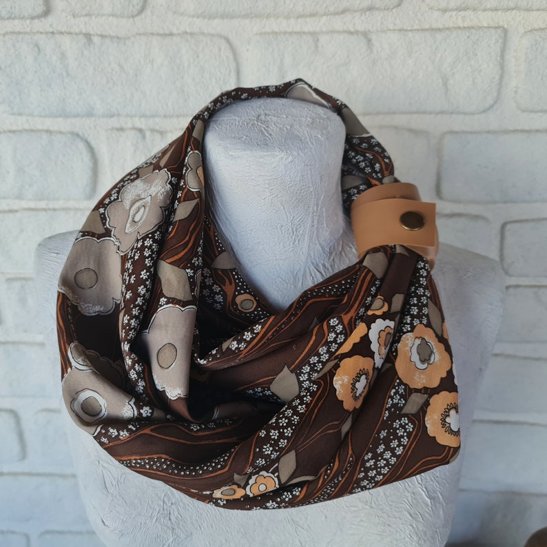 Vintage fabric silky brown-beige retro infinity shawl with tan faux leather strap/soft voile shawls for her/Spring,Summer,Fall accessories image 2