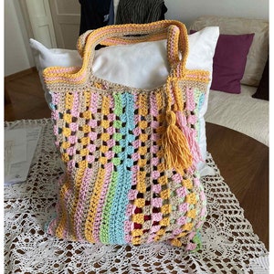 Crochet bohem style pastel colors hippie tote bag shoulder everyday bad summer bag image 2