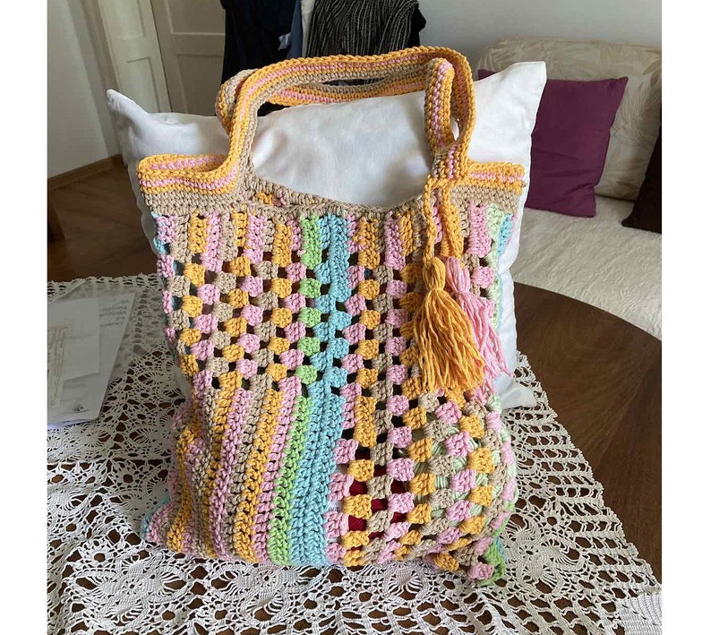 Crochet bohem style pastel colors hippie tote bag shoulder everyday bad summer bag image 2