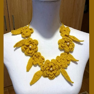 Yellow/red crochet everyday necklace /flowers hand knit collar /boho jewelry /avant garde necklace /Gift for Her -1qty