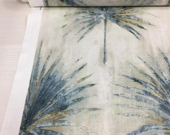 Tessuto di lino blu beige con motivo botanico, tagliato su misura, con stampa a foglie di palma, larghezza 58 pollici (circa 147 cm).