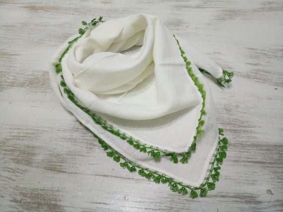 White cotton voile ethnic  vintage scarf with emb… - image 3