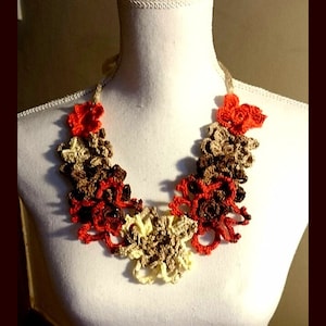 Avant garde Necklace - Crochet Flowers Knitted Orange Brown White Necklace - Boho Hand Crochet Jewelry - Gift for Her - Ready to Free Ship
