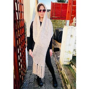 Fashionable stylish big long shawl beige neck shoulders wrap chunky hand loose knit fringed shawl/Gift for Her image 6