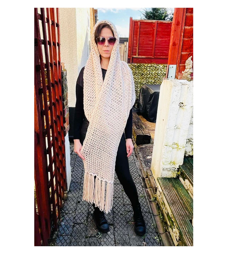 Fashionable stylish big long shawl beige neck shoulders wrap chunky hand loose knit fringed shawl/Gift for Her image 6