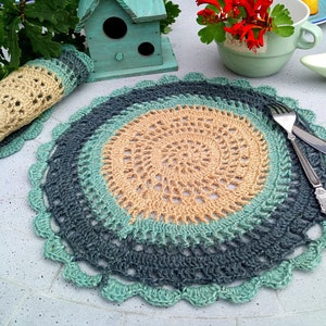 Crochet jute place mat-pale turquoise,petrol green and beige color round crochet table mat-1qty