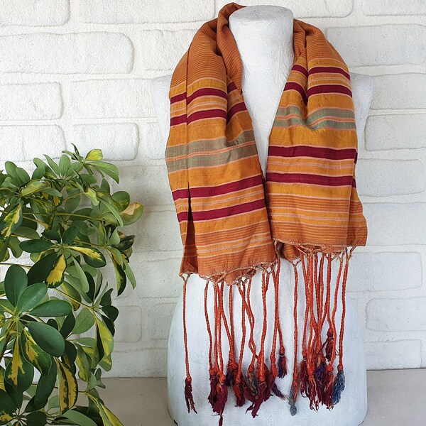 Vintage striped hand woven old ethnic silk shawl/square shawl/hand woven old silk fabric/Gift for Her/Spring,Summer,Fall Accessories