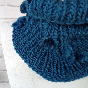 Boho Hand Knitted Tubular Warmer Wrap Scarf Blue Knit Collar Chunky Infinity Loop Scarf with Pompoms Gift for Her & Him Ready to Ship image 5