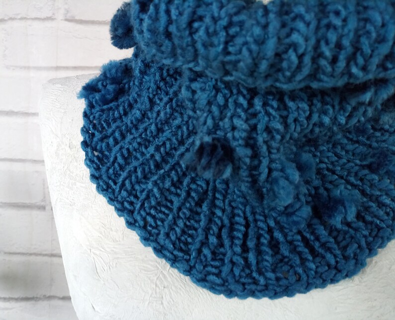 Boho Hand Knitted Tubular Warmer Wrap Scarf Blue Knit Collar Chunky Infinity Loop Scarf with Pompoms Gift for Her & Him Ready to Ship image 5