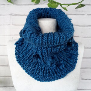 Boho Hand Knitted Tubular Warmer Wrap Scarf Blue Knit Collar Chunky Infinity Loop Scarf with Pompoms Gift for Her & Him Ready to Ship image 4