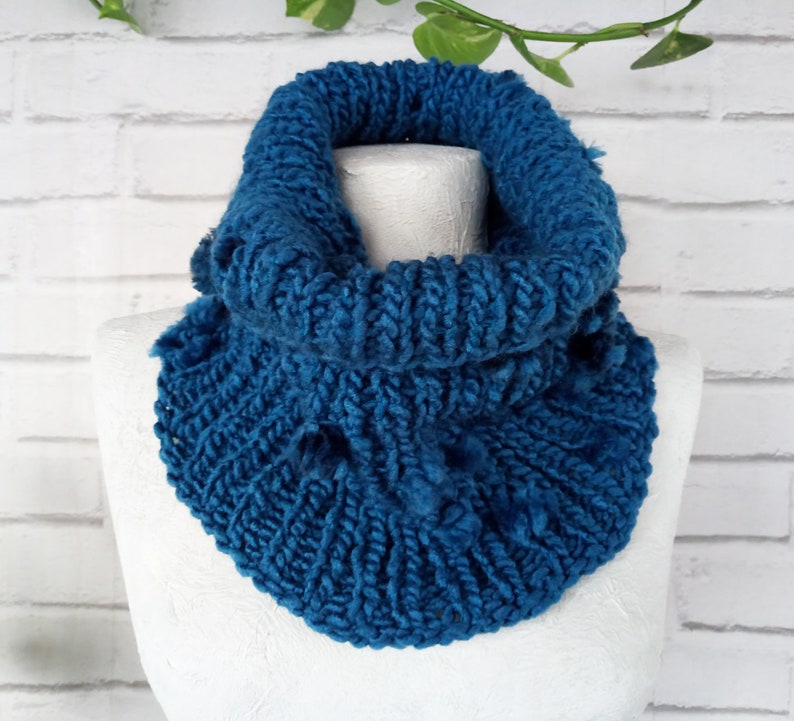 Boho Hand Knitted Tubular Warmer Wrap Scarf Blue Knit Collar Chunky Infinity Loop Scarf with Pompoms Gift for Her & Him Ready to Ship image 4