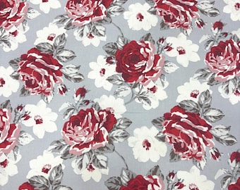Gray and Red Rose Cotton Linen, Floral Fabric for Curtains, Pillows, Tablecloths, Home Textile by the Yard