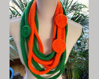Crochet vibrant green and red color shawl /green hand knit scarf with crochet ornament /Boho necklace scarf/gift for her