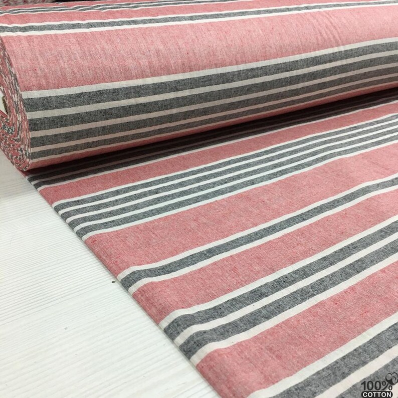 Pure Natural Linen Look Striped Pink -Gray Bedding Fabric by the Yard – 94'' Wide 100% Cotton for Duvet Covers, Sheets - Pillowcases image 5