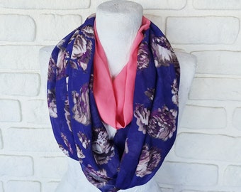 2 shawls - Pink and rose flower print infinity scarf/purple and pink chiffon shawl /gift for her/Spring, Summer,Autumn light shawl