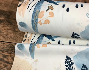 Abstract Botanical Fabric by the Yard, Wide Width Linen Look Decor Textile, Soft Blue Beige Modern Curtain Upholstery Material