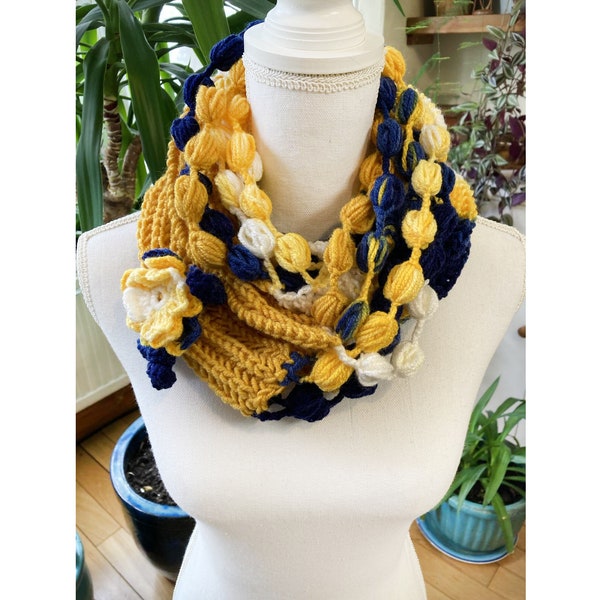 Crochet Funny Pompoms Everyday Necklace - white-yellow-navy blue Colors Handmade Neck Wrap - Boho Jewelry - Festival Necklace - Gift for Her
