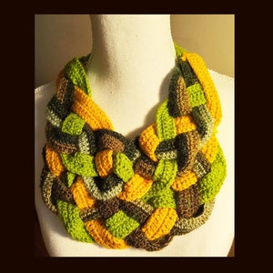 Crochet colorfully mesh pattern necklace/orange green-brown Autumn chunky hand knit necklace scarf/Boho jewelry necklace/gift for her