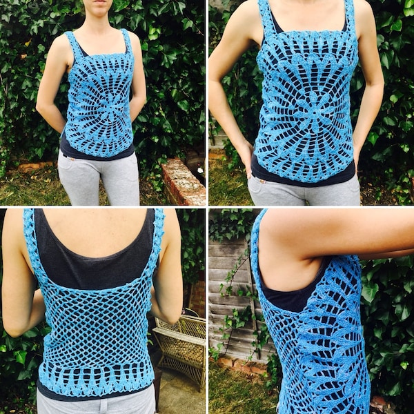 Blue bohemian summer woman top fringe crochet shirt -singlet/knitting shirt/beech wear/ready to ship/fringe crochet shirt