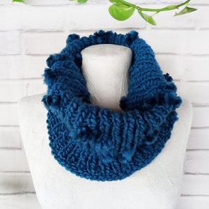 Boho Hand Knitted Tubular Warmer Wrap Scarf Blue Knit Collar Chunky Infinity Loop Scarf with Pompoms Gift for Her & Him Ready to Ship image 2
