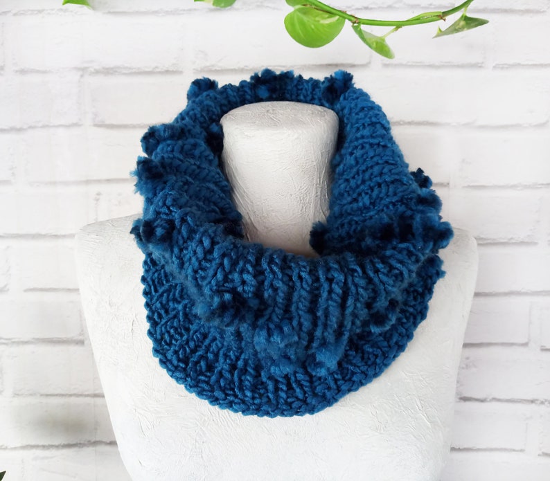 Boho Hand Knitted Tubular Warmer Wrap Scarf Blue Knit Collar Chunky Infinity Loop Scarf with Pompoms Gift for Her & Him Ready to Ship image 2