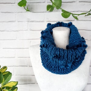 Boho Hand Knitted Tubular Warmer Wrap Scarf Blue Knit Collar Chunky Infinity Loop Scarf with Pompoms Gift for Her & Him Ready to Ship image 1